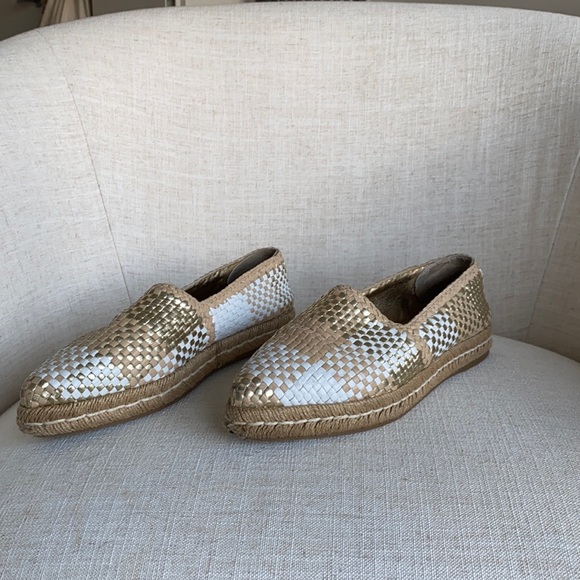 Prada Shoes - Prada Woven Leather Espadrille Madras Flat White/Gold Size 7.5